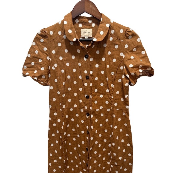 Sezane Polka Dot Linen Maxi Dress Brown White Button Front Short Sleeve Size 36 - Picture 2 of 5